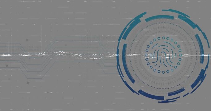 Stylized fingerprint icon being displayed among security HUD rings extending dotted waveform line