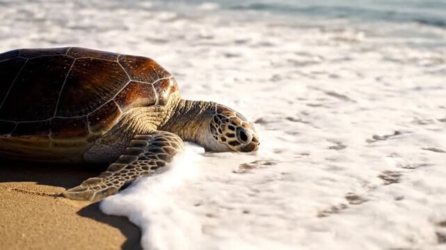 Sea turtle on sandy beach with ocean waves in background