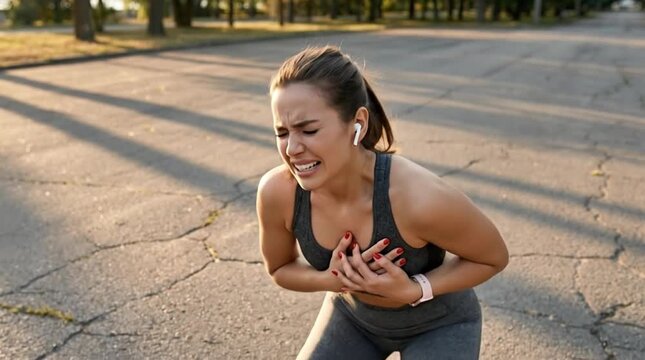 Distressed Young Woman Clutching Chest in Acute Pain During Outdoor Exercise, Experiencing Sudden Discomfort or Heart Attack Symptoms While Running...