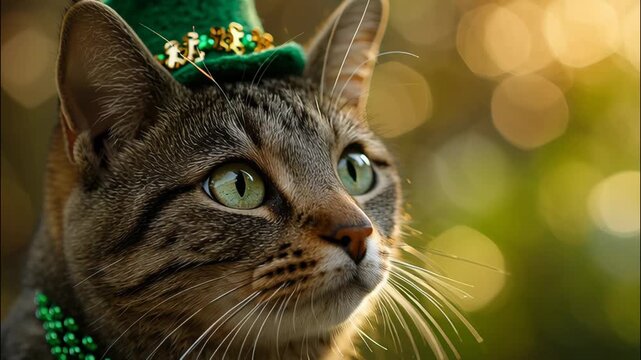 Cat wearing green hat celebrating St. Patrick's Day with soft sunlight in background  