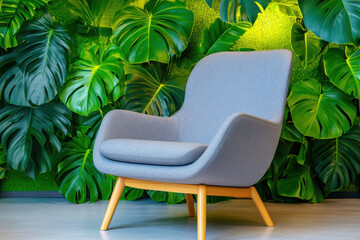 Armchair modern interior tropical green leaf wall lounge chair design forms cozy gray fabric seat before lush plant foliage, creating natural home decor space for peaceful reading relaxation