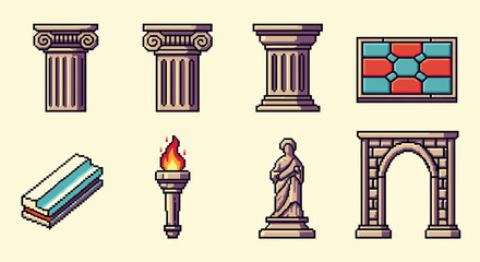 Naklejka premium Pixel art icons of ancient greek architecture and symbols