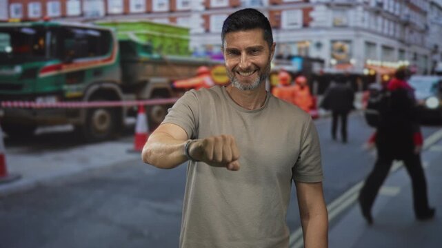 Man hispanic, smiling, with fist extended forward toward camera on busy city street construction site; urban solidarity.