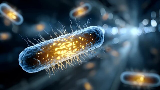 Rod-shaped bacteria (bacilli) floating in a dark microscopic environment. Biotechnology, in modern high-tech aesthetics.