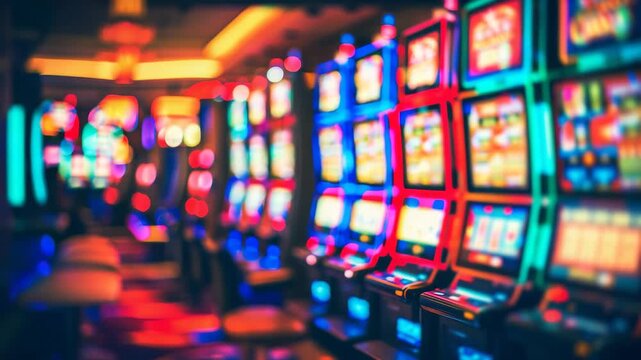 Vibrant blurred casino interior with colorful slot machines glowing in a lively gambling atmosphere