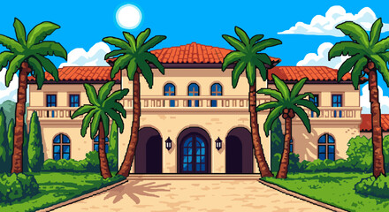 Obraz premium Pixel Art Charming mediterranean mansion with palm trees in pixel art style