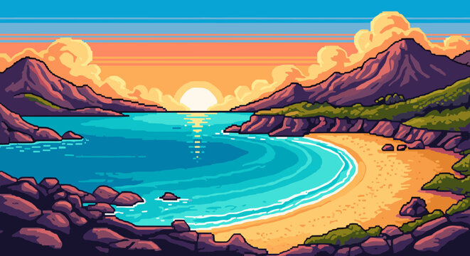Pixel Art Retro pixel art sunset beach with mountains and ocean waves