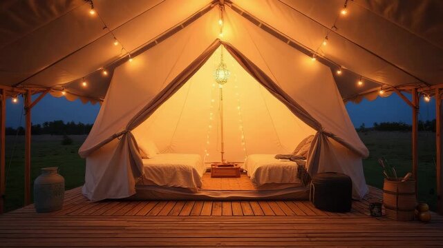 Cozy glamping tent interior, warm romantic lights, night countryside, luxury camping relaxation video concept