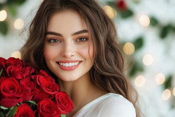 Woman smile rose bouquet beauty romantic red flower portrait young glow with joy as she holds lush red rose bouquet indoors, soft light and dreamy bokeh create tender romantic mood