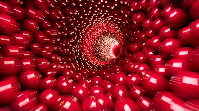 Abstract tunnel of ripe cherries with glossy texture, deep perspective and soft glowing bokeh highlights
