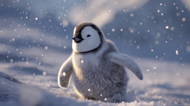 Adorable penguin chick waddling in snowy landscape with falling snowflakes and soft, warm lighting.
