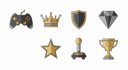 Set of gaming icons controller crown shield diamond star joystick trophy