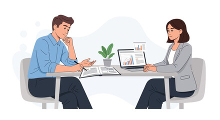 Two business professionals collaborating at a desk with laptop and documents