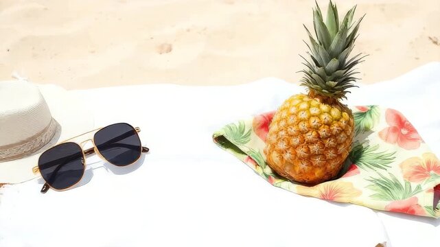 A pineapple placed on a tropical-patterned cloth beside sunglasses and a hat on a sandy beach.
