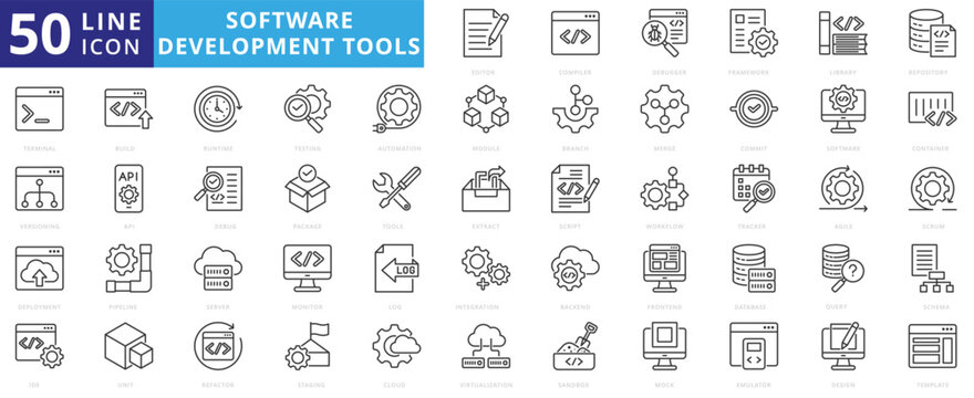 software development tools icon pack outline contains versioning, flow chart, refactor, merge, mock, sandbox, ide, editor, compiler, debugger, framework, library, repository, terminal, deployment