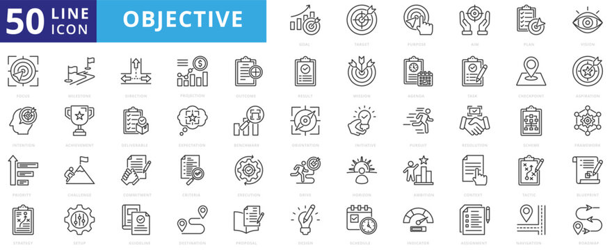objective icon pack outline contains goal, target, purpose, aim, plan, vision, focus, intention, priority, strategy, milestone, achievement, leadership, project, forecasting, execution, horizon, idea