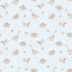 Soft Pastel Blue Watercolor Dinosaur Pattern with Cute Floral Brachiosaurus and Triceratops Seamless Pattern Background © mui