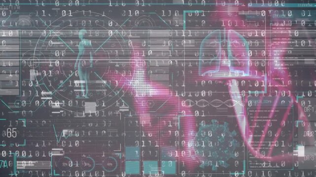 Animation dna and binary code over data on digital screen