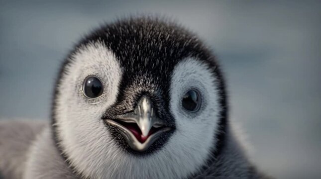 Close-up portrait of a penguin chick looking directly at the camera with a blurred background.