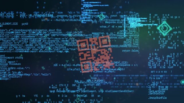 Animation of data processing and qr code over black background