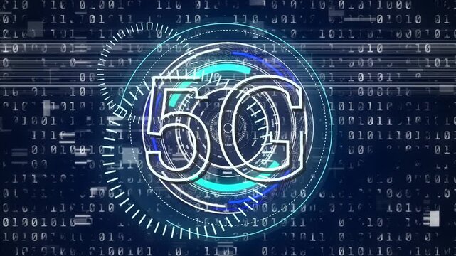 Animation of processing circle over binary code on navy background