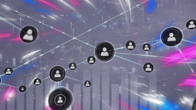 Animation of network of connections with icons over lights and traffic light