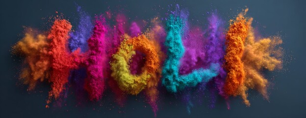 Colorful powder spelling 'Holi' on simple dark background  