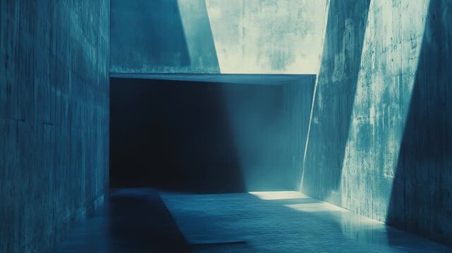 Abstract concrete interior featuring a complex display of geometric shapes, sharp angles, and dramatic light beams carving through the dark, creating a moody and atmospheric scene