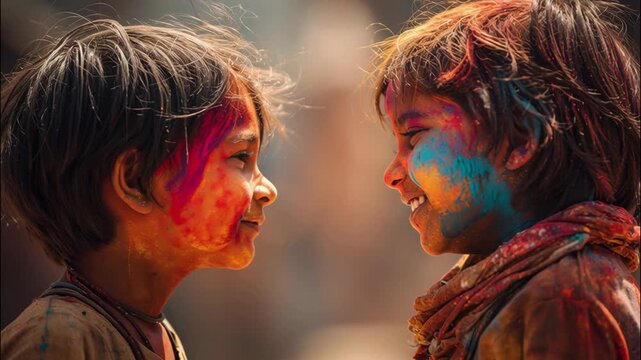 Two smiling children celebrating Holi with colorful powder on faces  