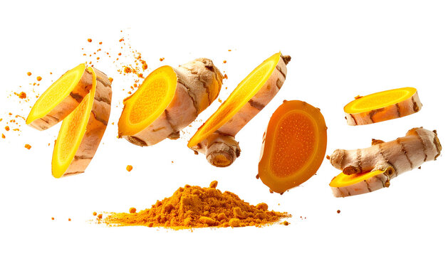 Brightly lit slices of a golden root with powder on black background