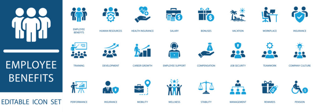 Employee Benefits Icon Set. featuring human Resources, Health Insurance, Career Growth, Teamwork, Workplace Wellness, and Corporate Management Concepts.