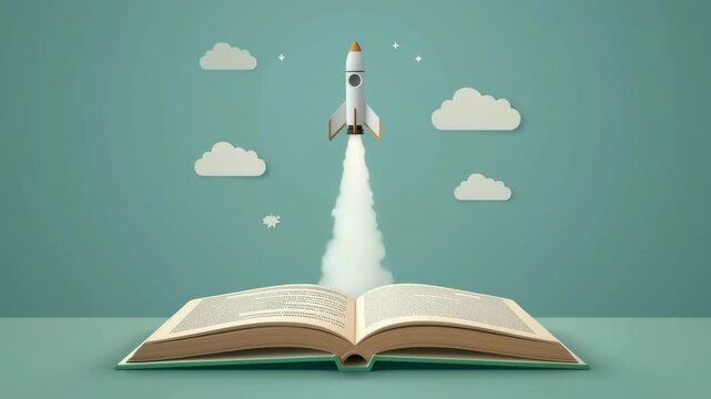 Rocket launching from an open book, symbolizing back to school, learning, education, knowledge, creativity, and imagination for school life