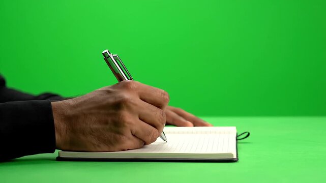 A hand holding a pen writing in a notebook on a green surface