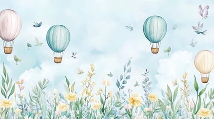 Obraz premium Whimsical Air Balloons in the Sky: Pastel-colored air balloons float gently above a serene field of blooming flowers and whimsical birds, inviting viewers to journey to a world of dreams and wonder.