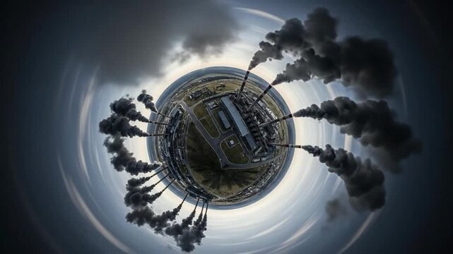 Panoramic view of a power plant emitting smoke, creating a small world effect.