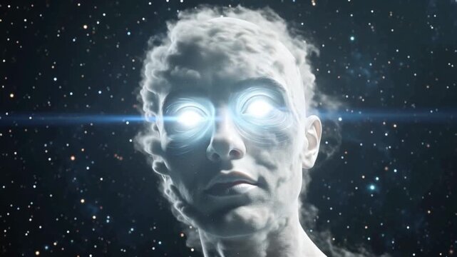 cinematic video human head formed entirely drifting white silver clouds, floating dark cosmic space, slow cloud motion shaping face neck eyes closed first head movement toward camera, eyes slowly open