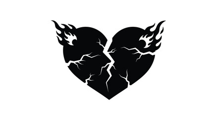 Broken heart with flames and cracks a dramatic black silhouette