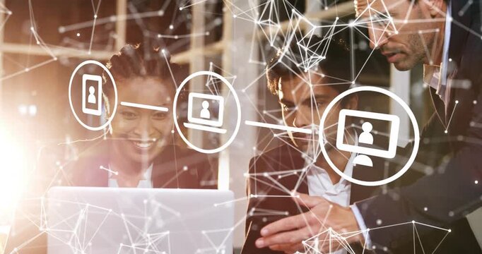 Animation of networks of connections and icons over business wearing headsets