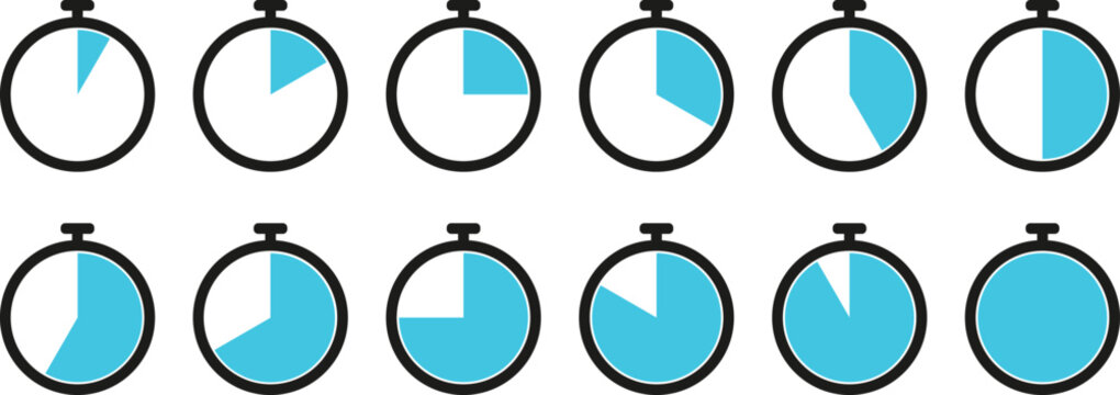 Collection of stopwatch showing time progression in blue timer clock count
