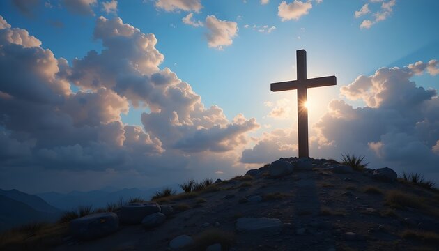 Christian background with a glowing cross set against a serene sky
