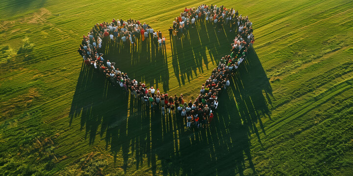 Aerial photo of a large group of diverse people standing in a heart shape on a green grassy field, casting long shadows in the sunlight. Concept of love, unity, and community on Valentine's Day