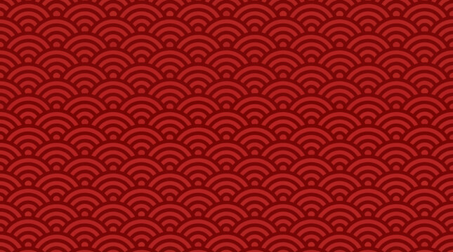 Red Seigaiha Wave Pattern Background with Black Arcs, Japanese-inspired Geometric Repeating Design