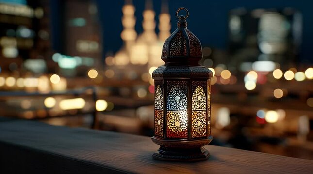 A lantern sits on a railing overlooking a city with a mosque at night