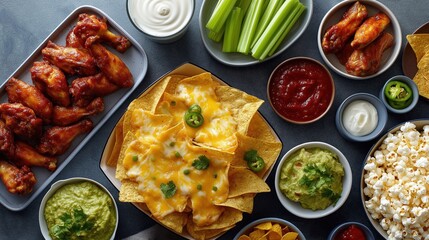 Top down view of loaded nachos with melted cheese surrounded by chicken wings and assorted snacks on a dark table. The image represents party food, sharing, indulgence and a casual atmosphere