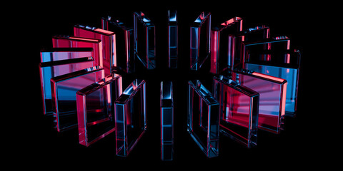 Abstract futuristic iridescent glass shapes circle with neon reflections glossy transparent panels and curved ribbons on dark tech background for UI web ads wallpaper 3d rendering © IM_VISUALS