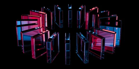Abstract futuristic iridescent glass shapes circle with neon reflections glossy transparent panels and curved ribbons on dark tech background for UI web ads wallpaper 3d rendering © IM_VISUALS