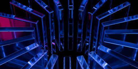 Abstract futuristic iridescent glass shapes circle with neon reflections glossy transparent panels and curved ribbons on dark tech background for UI web ads wallpaper 3d rendering © IM_VISUALS
