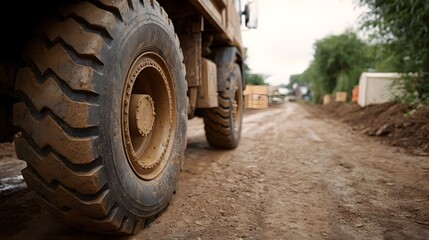 Obraz premium Close up of a muddy heavy duty truck wheel on a construction site dirt road