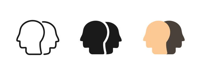 Obraz premium Pair of stylized human heads in outline, solid black, and two-tone color representations, facing the same direction to signify unity, agreement, or shared perspective.