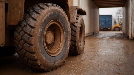 Close up of muddy heavy duty vehicle wheels on a wet surface in an industrial loading area